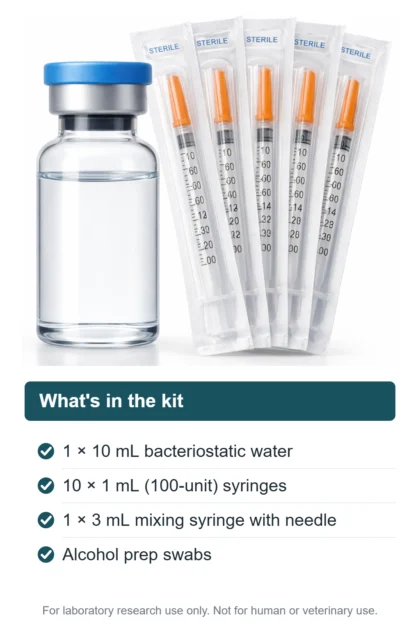 ReVICO Lab Essentials reconstitution kit: 10 mL bacteriostatic water, ten 1 mL syringes, 3 mL mixing syringe and alcohol swabs